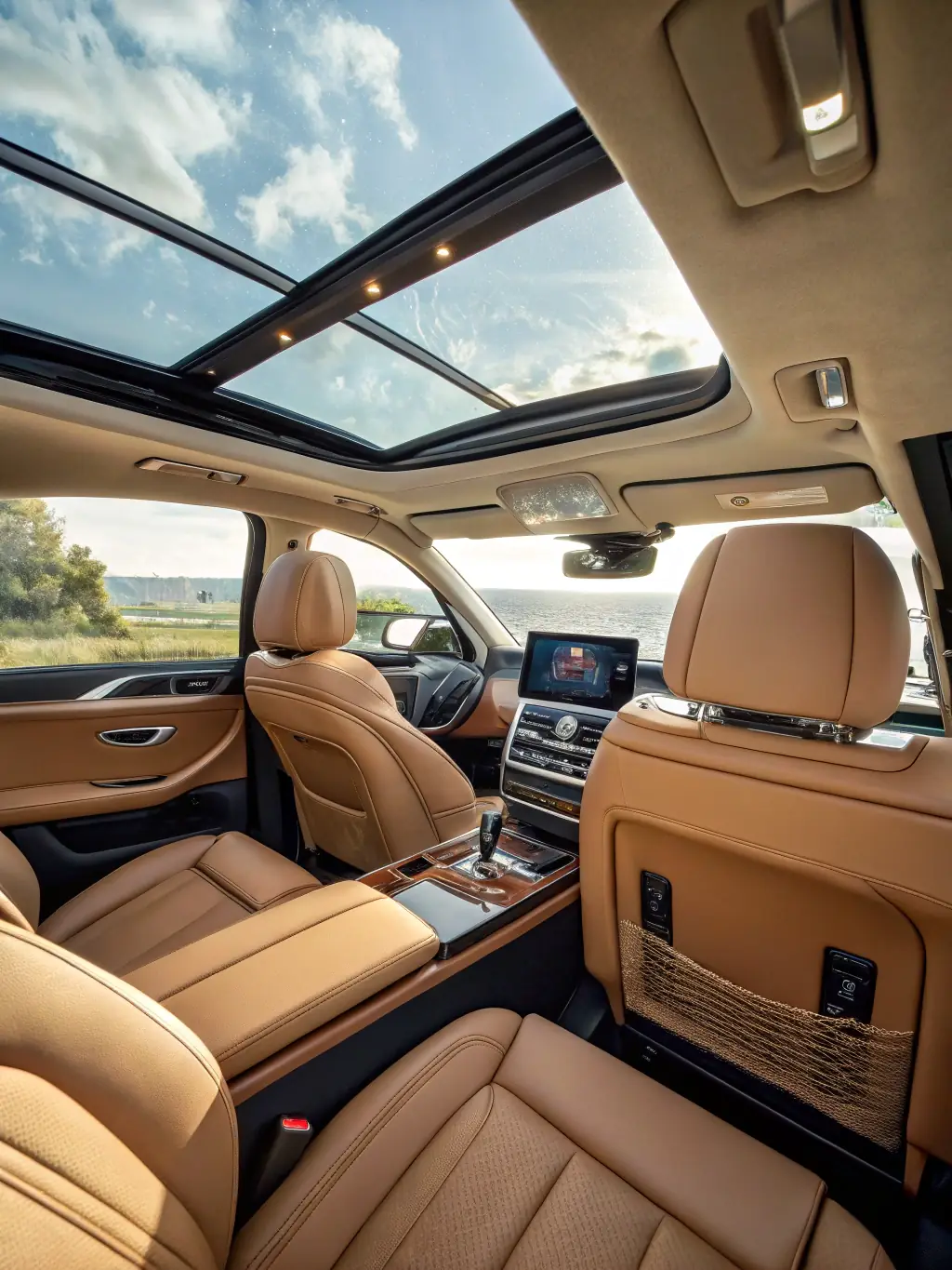 A spacious SUV interior with comfortable seating, ample legroom, and a panoramic sunroof, emphasizing family-friendly features and a pleasant driving experience.