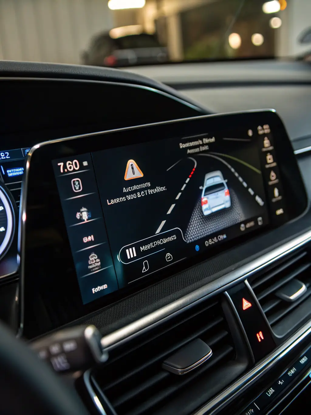 A car equipped with advanced safety features such as lane departure warning, automatic emergency braking, and adaptive cruise control, highlighting the importance of family safety.